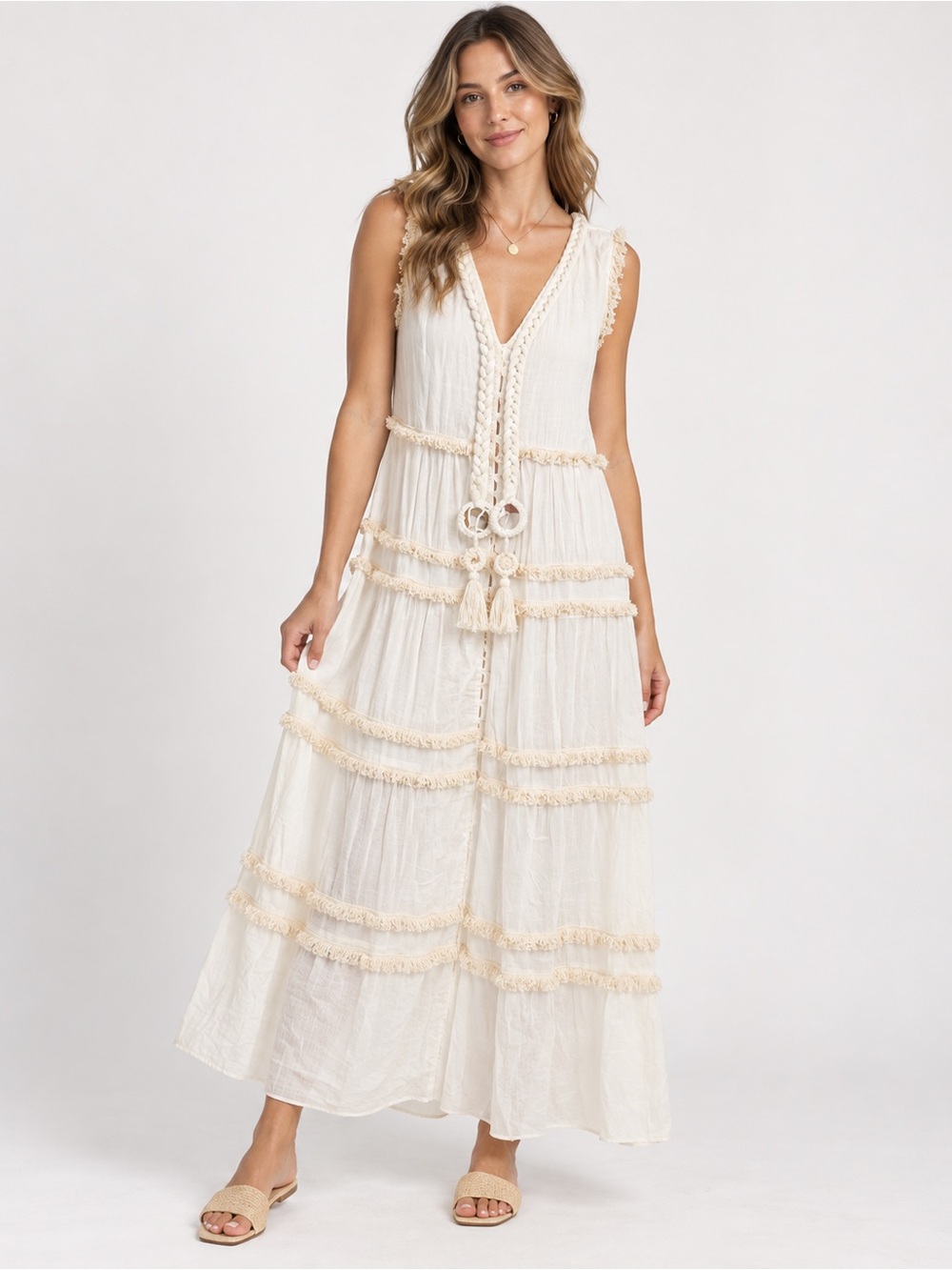 Sleeveless Cream Boho Tiered Maxi Dress